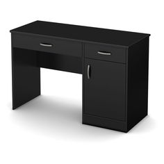 a black desk with two drawers on the top and one drawer open at the bottom