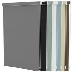 four different shades of blinds in various colors and sizes, each with an open window