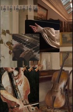 a collage of paintings and music instruments in various stages of being played by someone