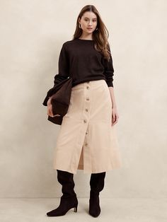 Corduroy Midi Skirt | Banana Republic Factory Chic Workwear Skirt With Button Zip Fly, Chic Buttoned Skirt For Workwear, Chic Skirt With Button Zip Fly For Fall, Chic Workwear Skirt With Buttons, Chic Fall Skirt With Button Zip Fly, Knee-length Bottoms With Buttons For Fall, Chic Fall Skirt With Button Closure, Knee-length Fall Bottoms With Buttons, Fall Pencil Skirt With Buttons