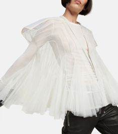 Tulle Jacket in Beige - Rick Owens | Mytheresa Chic Outerwear With Cape Sleeves For Spring, Chic Sheer Outerwear For Fall, Sheer Outerwear For Spring Party, Spring Party Outerwear With Sheer Sleeves, Spring Sheer Party Outerwear, Spring Party Sheer Outerwear, Fitted Cape Outerwear For Party, Fitted Cape-style Party Outerwear, Sheer Fitted Outerwear For Fall