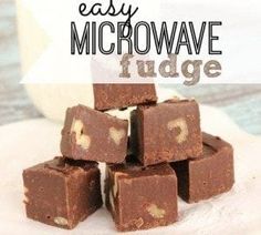 chocolate fudges stacked on top of each other with the words easy microwave fudge