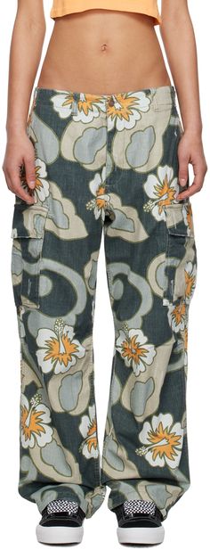 Stretch cotton denim trousers. Graphic pattern printed throughout. · Belt loops · Four-pocket styling · Zip-fly · Cargo pocket at outseams · Adjustable cinch tabs at back waistband Supplier color: Erl grey hibiscus Black And White Camo Pants, White Camo Pants, Wide Leg Jeans Cropped, Straight Leg Jeans Men, Cotton Cargo Pants, Denim Patterns, Leopard Print Blouse, Fur Coats Women, Printed Denim