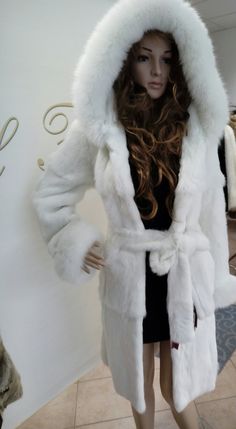 White Hooded Fur Coat For Winter, White Hooded Fur Coat For Fall, Hooded White Outerwear For Fall, White Hooded Outerwear For Fall, White Fur Coat For Winter, Hooded Winter White Fur Coat For Cold Weather, Winter White Hooded Fur Coat For Cold Weather, White Fur Coat For Fall Cold Weather, White Fur Coat For Cold Weather In Fall