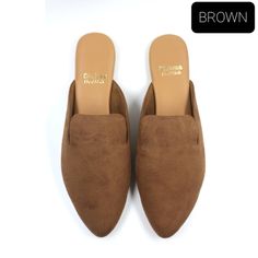 Trendy Brown Slip-on Mules, Trendy Brown Mules With Flat Heel, Brown Suede Slip-on Slippers, Suede Mules With Flat Heel, Trendy Suede Mules With Round Toe, Casual Flat Suede Mules, Trendy Brown Flat Mules, Comfortable Brown Suede Mules, Trendy Suede Slip-on Mules