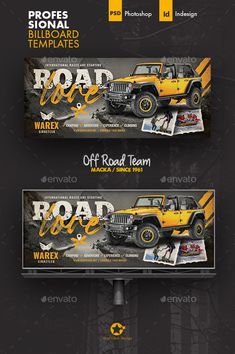 an advertisement for a jeep company is shown in this graphic style, with yellow and black accents