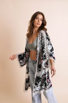 Get touchy-feely with these beautiful embroidered summer kimonos. The soft fabric will make those hot nights much more bearable, and the delicately detailed designs are sure to impress anyone you encounter this season. 100% Viscose Imported Embroidered Kimono, Black Kimono, Summer Kimono, Summer Capsule Wardrobe, Womens Kimono, Western Boho, Wide Sleeves, Sheer Fabrics, Polished Look