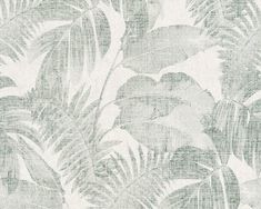 a green and white tropical print wallpaper with leaves on the back drop in shades of grey