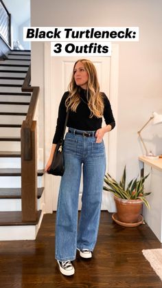 Shop the outfits - https://www.michelletomczak.com/black-turtleneck-three-outfits/ Black Top With Wide Leg Jeans, Wide Leg Jeans Converse Outfit, Converse With Wide Leg Jeans, Converse Chuck 70 High Top Outfit, High Top Converse And Dress, Autumn Outfits Wide Leg Jeans, Fall Black Converse Outfit, Black Turtleneck Jeans Outfit, Outfit With Black Wide Leg Jeans