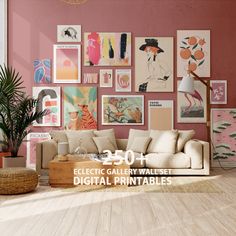 a living room with pink walls and pictures on the wall, including a beige couch