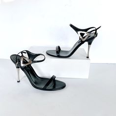 Black Leather Sandals With Silver Tone Heel And Silver Detail At Side 4.25 " Heel Come With Dust Bag Excellent Condition Sergio Rossi Shoes, Rossi Shoes, Black Leather Sandals, Stiletto Sandals, Sergio Rossi, Women's Shoes Sandals, Leather Sandals, Black Silver, Sandals Heels