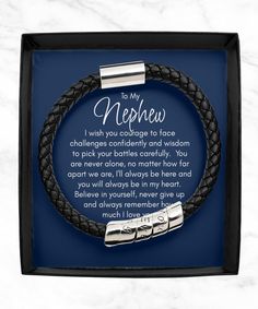 a black leather bracelet with the words to my son on it