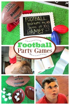 a collage of photos with football party games