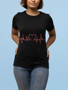 Pulse Monitor with Heart Graphic T-Shirt - Perfect Gift for Nurses and Medical Professionals - Unisex Jersey Short Sleeve Tee This Pulse Monitor with Heart Graphic T-Shirt is the perfect gift for any medical professional, nurse, or healthcare worker. Show off your love for the medical field with this stylish and comfortable t-shirt. The heartbeat pulse monitor design is a nod to the technology that is so important in the medical field. The soft and breathable fabric makes it suitable for everyda Black Top With Heart Graphic As Gift, Crew Neck T-shirt With Heart Graphic As Gift, Casual Black Nursing Top, Heart Print Short Sleeve T-shirt As Gift, Heart Print Crew Neck T-shirt For Gift, Black T-shirt With Heart Graphic As Gift, Fitted Heart Print T-shirt With Crew Neck, Cardiology Shirt Design, Cardiac Shirt