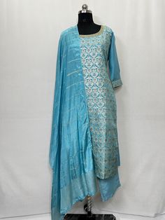 Blue Zari / Brocade Straight Sleeveless Silk Kurta With Trousers and Dupatta Indian Summer Wear Salwar Kameez / Indian Ethnic Dress / Plus Size Cotton Kurta Dress Traditional Indian Wear / Salwar Kameez Dupatta / Kurti Palazzo Set The set contains: 1 Kurta 1 Palazzos 1 Dupatta Kurta: The Blue straight Kurta has a round neck design with brocade / Zari woven design. The Kurta measures till calf length and has straight hemline. it comes with two pockets.  Sleeve length :  3/4 Sleeves Palazzos: Solid trousers  has elasticated waistband and slip on closure.  Dupatta : Printed Dupatta.  Material : Kurta : Silk Blend Palazzos :  Silk Blend Dupatta : Silk Blend Fabric Care : Hand wash Please see the size information below to choose a perfect size for yourself:  (size in inches)  XS : BUST 34 | WAI Blue Semi-stitched Traditional Wear For Formal Occasions, Blue Palazzo Set With Resham Embroidery For Party, Blue Anarkali Salwar Kameez For Summer, Blue Chanderi Salwar Kameez For Summer, Blue Resham Embroidery Salwar Kameez For Summer, Summer Blue Embroidered Salwar Kameez, Traditional Blue Anarkali Set For Summer, Blue Anarkali Set With Dupatta For Summer, Summer Blue Anarkali Set With Dupatta