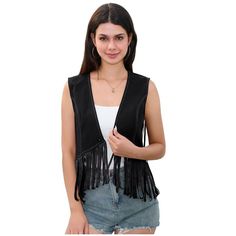 This vintage 70s vest exudes a retro vibe with its timeless design and soft texture, perfect for adding a touch of bohemian flair to any outfit. Vintage Black Vest For Spring, Black Vintage Vest For Spring, Fitted Fringe Vest, Fitted Sleeveless Vest With Fringe, Fitted Fringe Vest For Summer, Fitted Summer Vest With Fringe, Fitted Fringe Summer Vest, Casual Sleeveless Fringe Vest, Fitted Fringe Vest For Spring