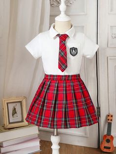 2pcs Young Girl Casual Shirt And Plaid Skirt Outfit, Back-To-School Season Red Casual    Geometric,Tartan  Non-Stretch  Young Girls Clothing, size features are:Bust: ,Length: ,Sleeve Length: Back To School Outfits Skirt, Plaid Skirt Outfit, Cute Twins, Rock Outfit, School Dresses, Skirt Outfit, Plaid Skirt, Plaid Skirts, School Shirts