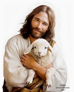 a painting of jesus holding a lamb in his arms