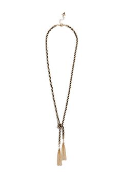 Mixed material tassel Y necklace Gold-tone rope chain Black metallic rope chain Knot detail with tassel at end Lobster clasp Adjustable Gold Lariat Tassel Necklace, Gold Adjustable Lariat Tassel Necklace, Adjustable Gold Tassel Lariat Necklace, Gold Lariat Tassel Necklace, Gold Tassel Lariat Necklace, Adjustable Lariat Tassel Necklace, Adjustable Gold Tassel Necklace With Fringe, Gold Lariat Necklace With Adjustable Cord, Gold Lariat Necklace With Tassels