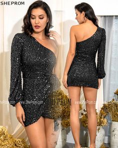 Black Sequins Single Long Sleeve Bodycon Mini Party Dress With Sash Glamorous Long Sleeve Homecoming Dresses, Long Sleeve Dressy Prom Dress, Long Sleeve Homecoming Dresses For Party Season, Long Sleeve Dressy Dress For Prom Season, Long Sleeve Dressy Dress For Prom, Glamorous Mini Dress For Fall Prom, Holiday Homecoming Dresses, Puff Sleeve Mini Dress With Sheer Sleeves For Party, Elegant One Shoulder Homecoming Dress