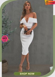 White Off-the-shoulder Midi Dress Elegant White Off-shoulder Bodycon Dress, White Sleeveless Off-shoulder Evening Dress, Chic White Sleeveless Off-shoulder Dress, White Sleeveless Off-shoulder Cocktail Dress, White Off Shoulder Dress For Night Out, White Off-shoulder Party Dress, Elegant Off Shoulder Cold Shoulder Dress For Spring, Chic White Off-shoulder Mini Dress, Elegant Cold Shoulder Midi Dress For Summer