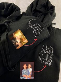 Photo Embroidered Outline Couple Hoodie, Custom Sketch from Photo Matching Sweatshirt, Anniversary Memorial GF BF Hoody, Birthday Wife Gift We are offering a maximum of 2 persons for portrait sketch on the product, If you want to add more people there will be an extra cost We provides the best quality and value when it comes to personalization/customization on clothing products and accessories. We are here to  digitize your designs, logos, pictures, and imaginations to various apparels in an att Black Hooded Sweatshirt Gift, Black Hooded Sweatshirt As Gift, Black Cotton Hoodie For Gift, Black Cotton Hoodie As Gift, Customizable Hooded Hoodie For Gift, Bf Christmas Gifts, Initial Artwork, Bf Hoodie, Sketch From Photo