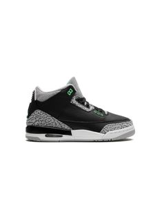 black/grey/green leather panelled design logo-embroidered tongue branded heel counter round toe front lace-up fastening flat rubber sole Sporty Low-top Jordan Shoes With Studded Outsoles, Sporty Green Jordan Shoes With Contrast Sole, Green Leather Jordan Shoes With Contrast Sole, Leather Basketball Shoes For Streetwear, Gray Basketball Shoes With Contrast Sole, Gray Sneakers With Studded Rubber Outsoles For Streetwear, Leather Jordan Shoes With Studded Rubber Outsoles, Black Basketball Shoes With Studded Outsoles For Streetwear, Gray Running Shoes With Contrast Sole