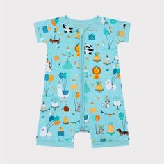 Blue Party Animals Shorty Romper Littlesleepies Buttery Soft, Stretchy Custom-Milled Lunaluxe Little Sleepies, Party Animals, Blue Party, Purple Watercolor, Short Pajama Set, Pajama Shorts, Animal Party, High Waisted Shorts, The Little Mermaid