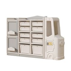 a white toy truck with lots of storage bins