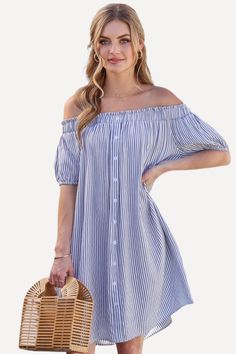 This off-shoulder striped dress is the perfect choice for a summer day. It is made of a lightweight, breathable woven fabric and features short puff sleeves, an elastic/off-shoulder neckline, and a straight cut for a comfortable and flattering fit. Whether you’re headed to a picnic or a night out, this dress will have you looking great. Elastic neckline Short puff sleeves with elastic cuffs Front button placket Side pockets Soft rayon fabric By Ninexis Size Guide Relaxed fit The model is wearing a size Small Striped Short Sleeve Mini Dress For Vacation, Casual Cold Shoulder Beach Dress, Striped Short Sleeve Summer Dress, Blue Off Shoulder Dress For Summer Day Out, Blue Off-shoulder Dress For Summer Day Out, Blue Off-shoulder Dress For A Summer Day Out, Cold Shoulder Mini Dress For Summer Vacation, Summer Vacation Cold Shoulder Mini Dress, Summer Vacation Mini Dress With Cold Shoulder