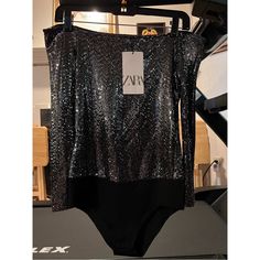 Brand New With Tag Zara Black Multi Shiny Sparkly Glitter Bodysuit Off-The-Shoulder Chic Evening Bodysuit For Party Season, Glamorous Bodysuit For Evening Party Season, Chic Sequined Bodysuit For Evening, Chic Sequined Evening Bodysuit, Chic Evening Bodysuit With Sequins, Chic Evening Sequined Bodysuit, Elegant Sequined Bodysuit For Night Out, Elegant Off-shoulder Party Bodysuit, Black Sequin Bodysuit For Party