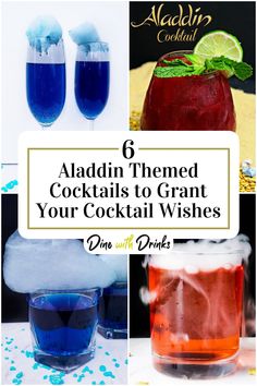 Collage of 4 aladdin themed cocktails. Disney Princess Cocktails Drink Recipes, Aladdin Snack Ideas, Disney Inspired Alcoholic Drinks, Aladdin Dinner Ideas, Aladdin Snacks, Aladdin Movie Night Food, Aladdin Party Food, Aladdin Themed Food, Aladdin Cocktail