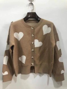 Women's Sweater Love Heart Pattern Single Breasted Knit Cardigan Sweater Fall Heart-shaped Sweater, Fall Long Sleeve Heart Print Outerwear, Trendy Winter Outerwear With Heart Print, Casual Long Sleeve Heart Print Outerwear, Cute Winter Sweater With Heart Print, Cute Heart Print Winter Sweater, Trendy Heart Print Cardigan For Fall, Cute Fall Crew Neck Outerwear, Heart-shaped Spring Sweater