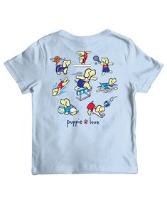 PARIS GAMES PUPS Blue Sports Top With Character Print, Blue Sports Tops With Character Print, Light Blue Short Sleeve T-shirt For Playtime, Service Dogs Breeds, Animal Shelters, Toddler Tees, Super Sale, Dog Accessories, Dog Bandana