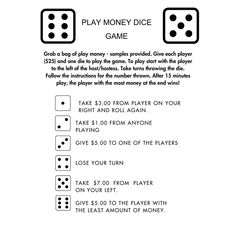 an image of a printable play money dice game with instructions for the number one, two and three