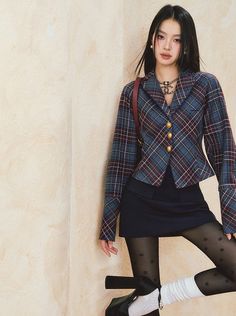 ❤︎ Retro check waist slim jacket + double pocket mini skirt [Reservation item]❤︎ 1986 Fashion Women, Shanghai Fashion Week Street Style, 80s Office Fashion Women, Fall Fashion Y2k, Short Fashion Style, Cool Jacket Outfit, Ceo Fashion Women, Favorite Item Outfit, Quirky Vintage Fashion