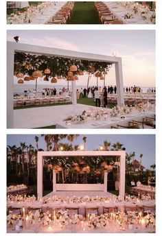 an outdoor wedding setup with tables and chairs