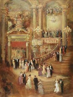 an oil painting of people in formal dress walking up the stairs to their wedding ceremony