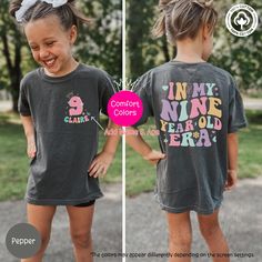 **Nine Year Old Girl Birthday Shirt, 9th Birthday Shirt Girl, Custom Name 9 Year Old Girl B-day T-Shirt Gift, Comfort Color Personalized Tee** ✨Our designs are original creations✨ ✨We welcome any custom orders you may have. Please message us! ✨ Celebrate your little one's big day with our "In My Nine Year Old Era" tee, perfect for a 9th birthday girl. This comfortable and stylish Kids Comfort Color Birthday T-shirt makes an adorable gift for the birthday girl. Customize this B-day shirt to add a 9th Birthday Shirt, Shirt Girl, Birthday Girl Shirt, 9th Birthday, B Day, Comfort Color, Stylish Kids, Birthday Shirt, Birthday Girl