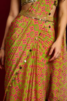 Pink saree with geometric floral print and hand embroidered glass beads on border. Paired with a lime green padded blouse with hand embroidered geometric motifs. - Aza Fashions Floral Print Saree, Floral Print Sarees, Geometric Sleeve, Padded Blouse, Print Saree, Embroidered Belt, Geometric Motifs, Blouse For Women, Pink Saree