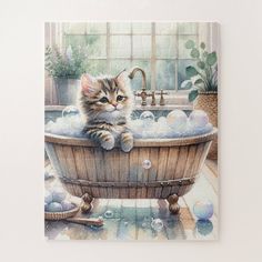 a painting of a kitten sitting in a bathtub with soap bubbles on the floor