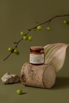 a jar of honey sitting on top of a piece of wood next to a plant