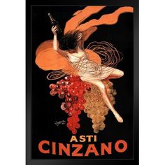 an art nouveau poster featuring a woman holding a bunch of grapes in her hand and the words asti cinzano on it