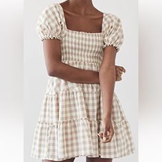 Peixoto Coco Dress A Charming Mini Dress With A Fit-And-Flare Silhouette, Accented With Muted Gingham Patterning. Square Neckline Short Puff Sleeves With Elastic Cuffs Smocked Elastic Bodice Tiered Seams And Ruffle Edge Check Pattern. Poc Cottagecore, Coco Dress, Platform Slides, Gingham Dress, Swimsuit Cover Ups, Check Pattern, Square Neckline, Puff Sleeves, Fit And Flare