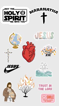 many different stickers that are on the back of a whiteboard with an image of jesus