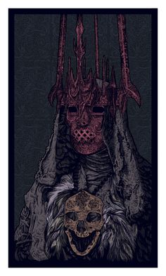 a poster with an image of a demon holding a skull