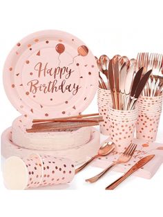 a pink and gold birthday party set with confetti cups, plates, napkins and utensils