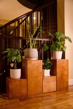 three planters are sitting on wooden blocks in front of a stair case and railing