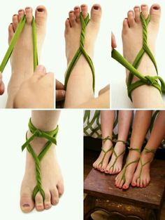 four pictures of different types of feet with green string tied around the toes and toenails