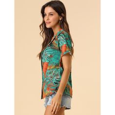 A great shirt to be paired with shorts or jeans. Enjoy the summer with the help of the Hawaiian leaf-printed shirt. Lend a touch of charm to your new season wardrobe with this shirt. Whether on carnivals, festivals, vacations, on the beach, or even at a theme party, you will certainly receive many compliments. Suitable for wearing to the beach. Casual Blouse With Plant Print, Green Camp Collar Blouse For Summer, Casual Green Printed Blouse, Beach Season Green Floral Print Shirt, Beach Season Green Shirt With Floral Print, Green Floral Print Shirt For Beach Season, Green Vacation Blouse With Button Closure, Green Blouse With Button Closure For Vacation, Tropical Summer Tops With Button Closure